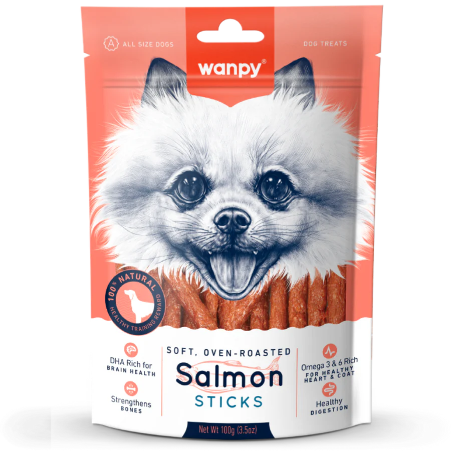 Wanpy Soft Oven-Roasted Salmon Sticks 100g Dog Treats X3