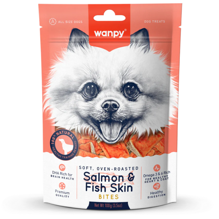 Wanpy Soft Oven-Roasted Salmon & Fish Skin Bites Dog Treats 100g X2
