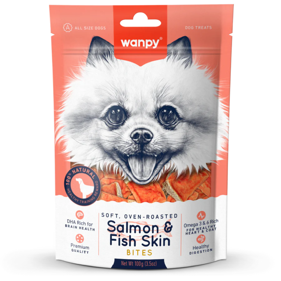 Wanpy Soft Oven-Roasted Salmon & Fish Skin Bites Dog Treats 100g X2