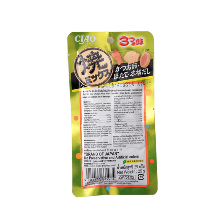 CIAO Soft Bits Mix Chicken Fillet with Tuna, Dried Bonito and Scallop Flavour 25g