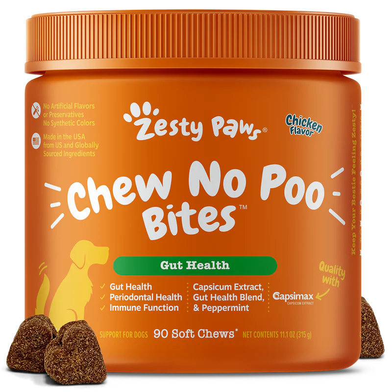 Zesty Paws Chew No Poo Bites Gut Health Chicken Dog Supplements 90ct
