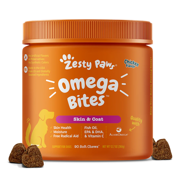 Zesty Paws Senior Advanced Omega Bites Skin & Coat Chicken Dog Supplements 90ct