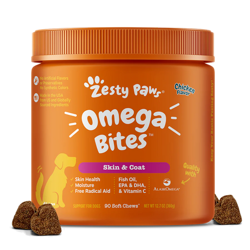 Zesty Paws Senior Advanced Omega Bites Skin & Coat Chicken Dog Supplements 90ct
