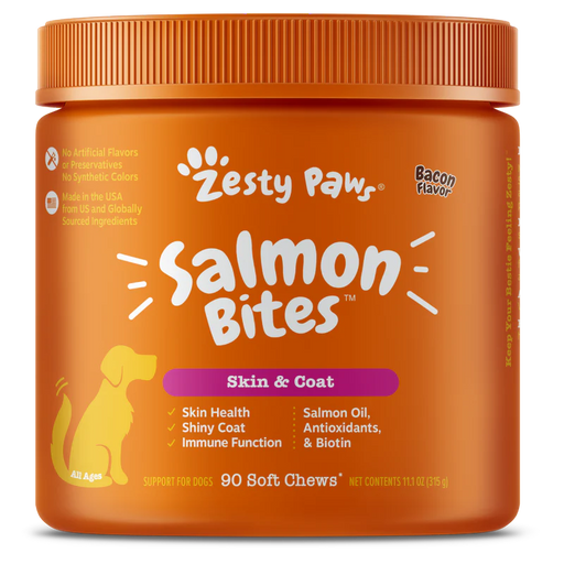 Zesty Paws Salmon Bites Skin & Coat Bacon Dog Supplements 90ct
