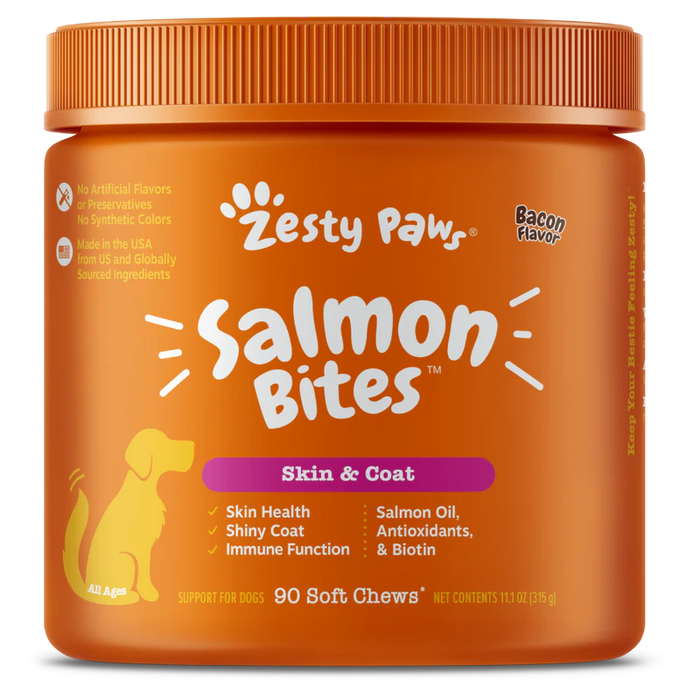 Zesty Paws Salmon Bites Skin & Coat Bacon Dog Supplements 90ct