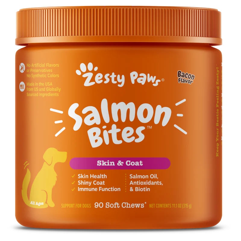 Zesty Paws Salmon Bites Skin & Coat Bacon Dog Supplements 90ct