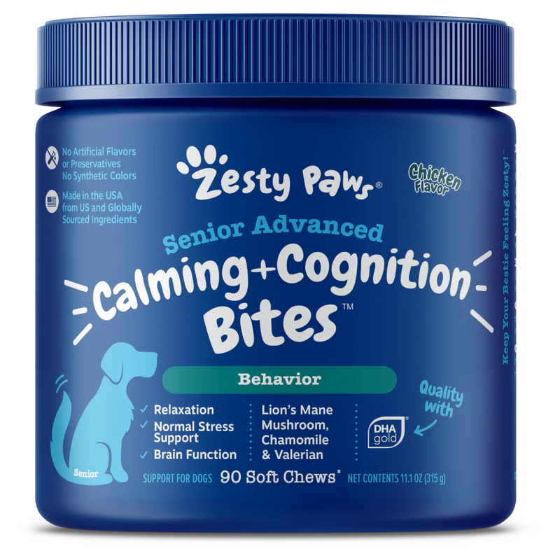Zesty Paws Senior Advanced Calming + Cognition Bites Behavior Chicken Dog Supplements 90ct