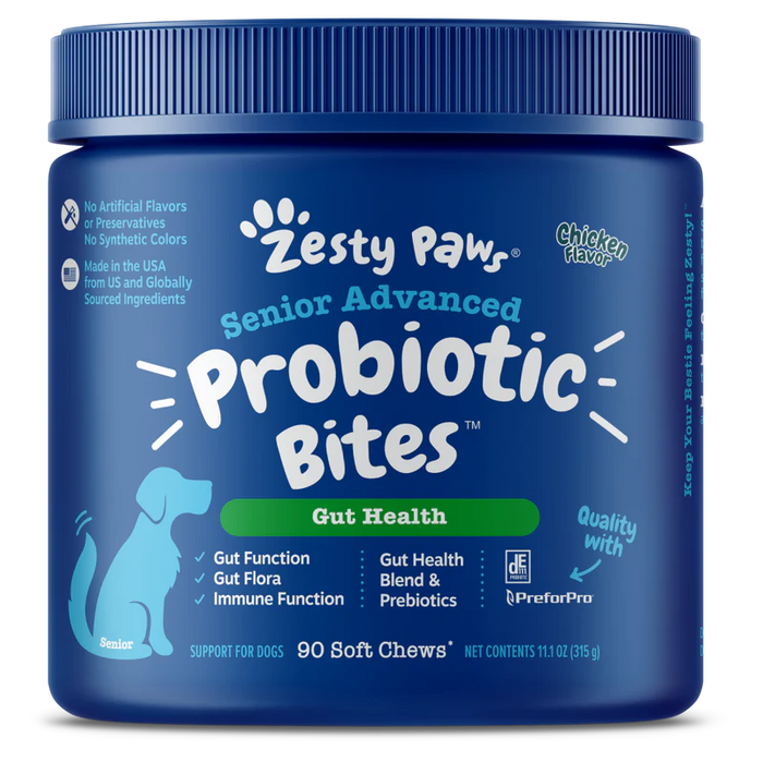 Zesty Paws Senior Advanced Probiotics Bites Gut Health Chicken Dog Supplements 90ct