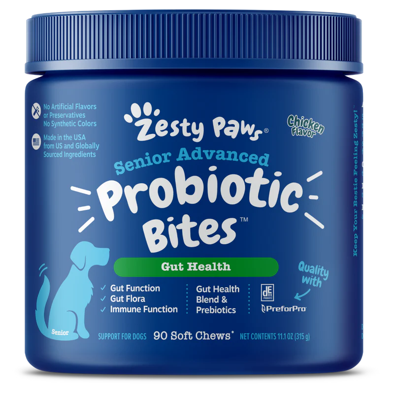 Zesty Paws Senior Advanced Probiotics Bites Gut Health Chicken Dog Supplements 90ct