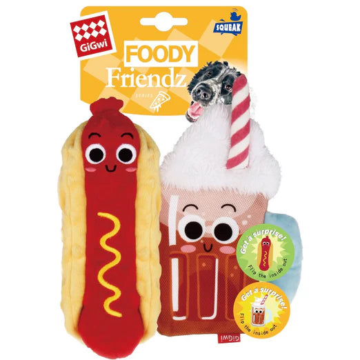 GiGwi Foody Friendz Interactive Plush Dog Toy Hot Dog & Root Beer Float