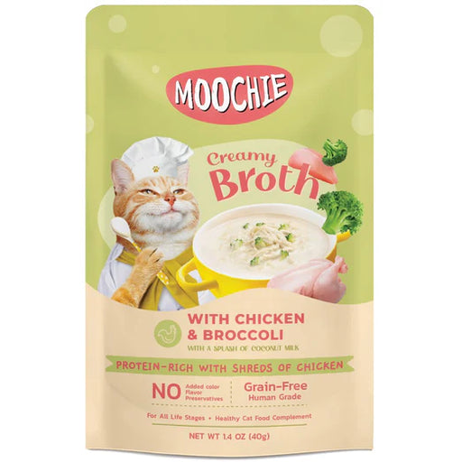 Moochie Creamy Broths With Chicken & Broccoli Grain-Free Pouch Cat Food 40g x 16