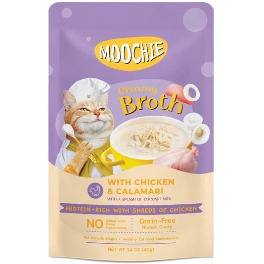 Moochie Creamy Broths With Chicken & Calamari Grain-Free Pouch Cat Food 40g x 16