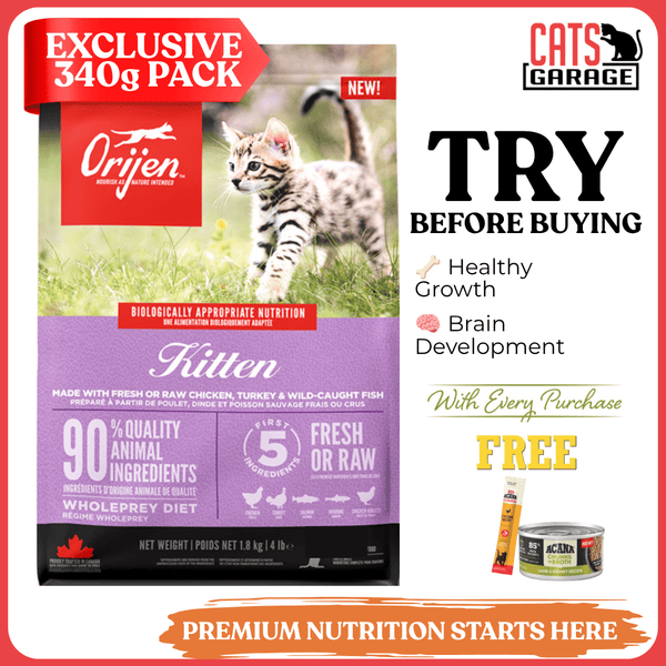 [TRIAL SIZE] ORIJEN Kitten Freeze-Dried Infused Dry Cat Food 340g | WholePrey Kitten Kibble Growth & Development (Copy) - Cats Garage