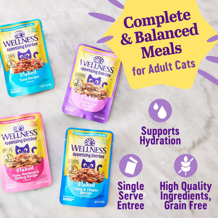 Wellness Appetizing Entrees Flaked Tuna & Cod Adult Pouch Cat Food 1.4oz X8