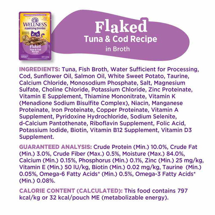 Wellness Appetizing Entrees Flaked Tuna & Cod Adult Pouch Cat Food 1.4oz X8