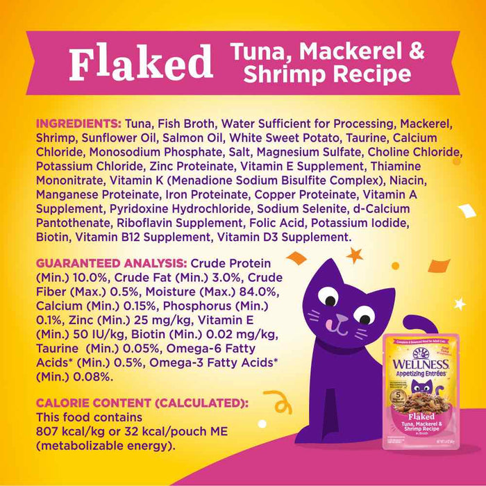 Wellness Appetizing Entrees Flaked Tuna, Mackerel & Shrimp Adult Pouch Cat Food 1.4oz X8
