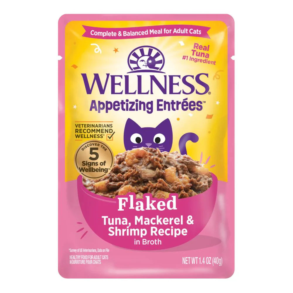 Wellness Appetizing Entrees Flaked Tuna, Mackerel & Shrimp Adult Pouch Cat Food 1.4oz X8