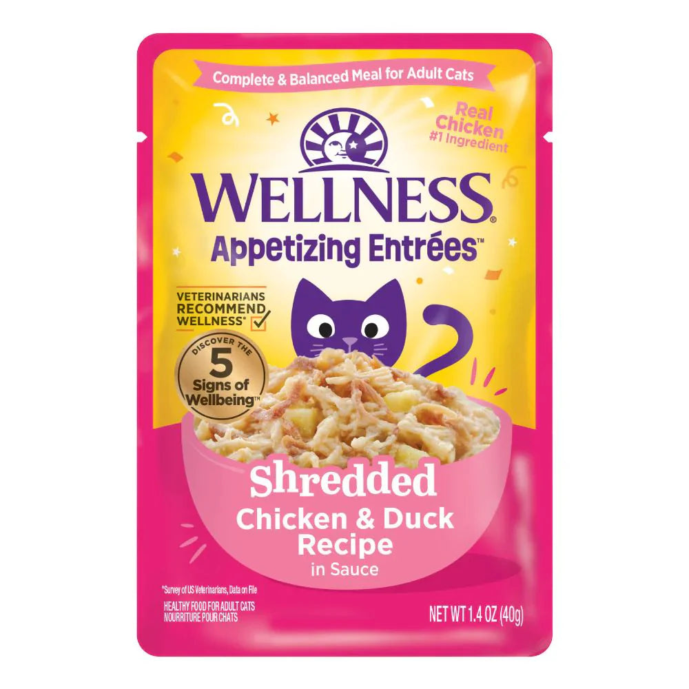 Wellness Appetizing Entrees Shredded Chicken & Duck Adult Pouch Cat Food 1.4oz X8