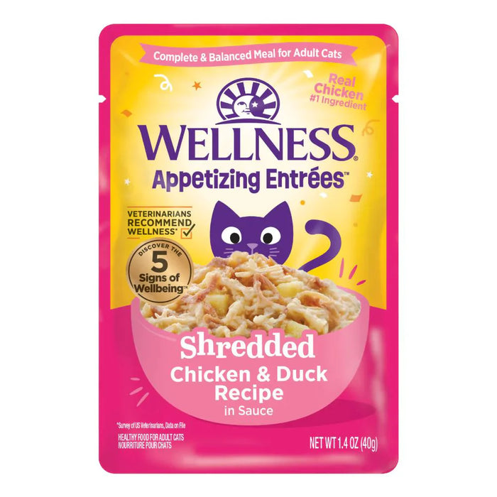 Wellness Appetizing Entrees Shredded Chicken & Duck Adult Pouch Cat Food 1.4oz X8