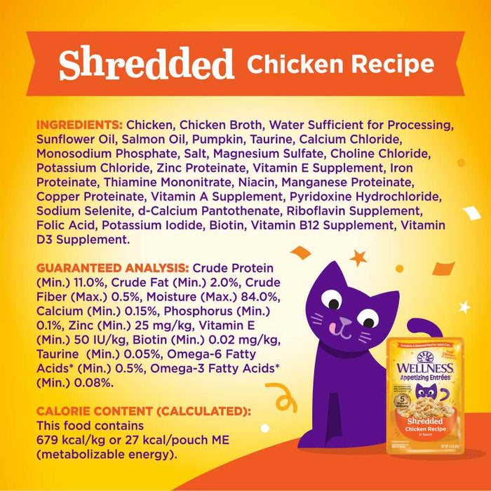 Wellness Appetizing Entrees Shredded Chicken Adult Pouch Cat Food 1.4oz X8