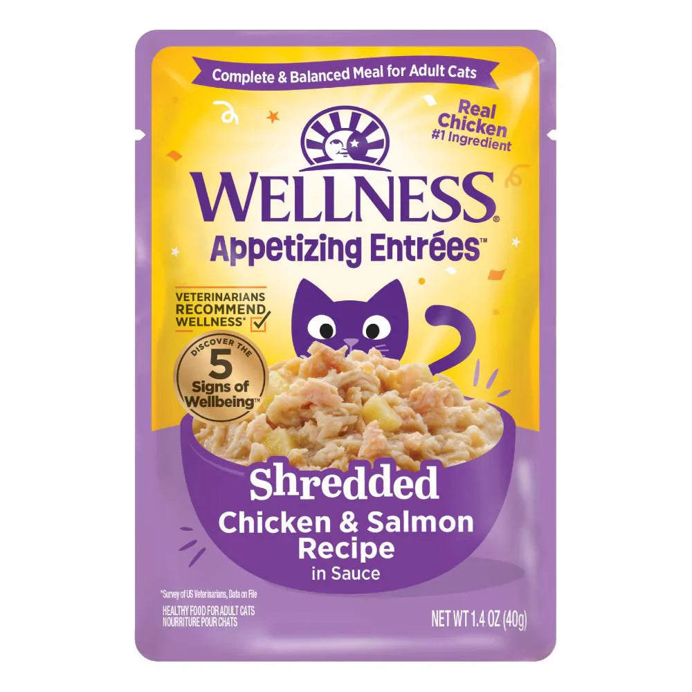 Wellness Appetizing Entrees Shredded Chicken & Salmon Adult Pouch Cat Food 1.4oz X8