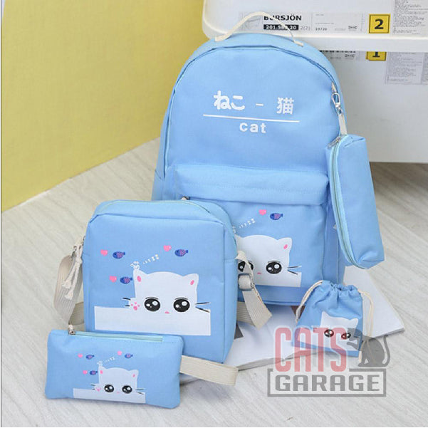 5Pcs Cartoon Cat Backpack/Sling/Handbag/Purse&Wallet Bag - BLUE