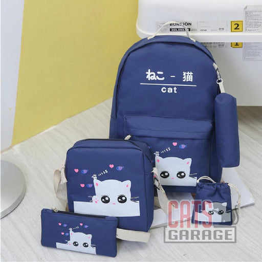 5Pcs Cartoon Cat Backpack/Sling/Handbag/Purse&Wallet Bag - DARK BLUE