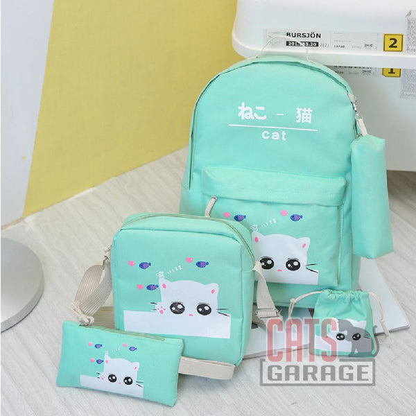 5Pcs Cartoon Cat Backpack/Sling/Handbag/Purse&Wallet Bag - GREEN