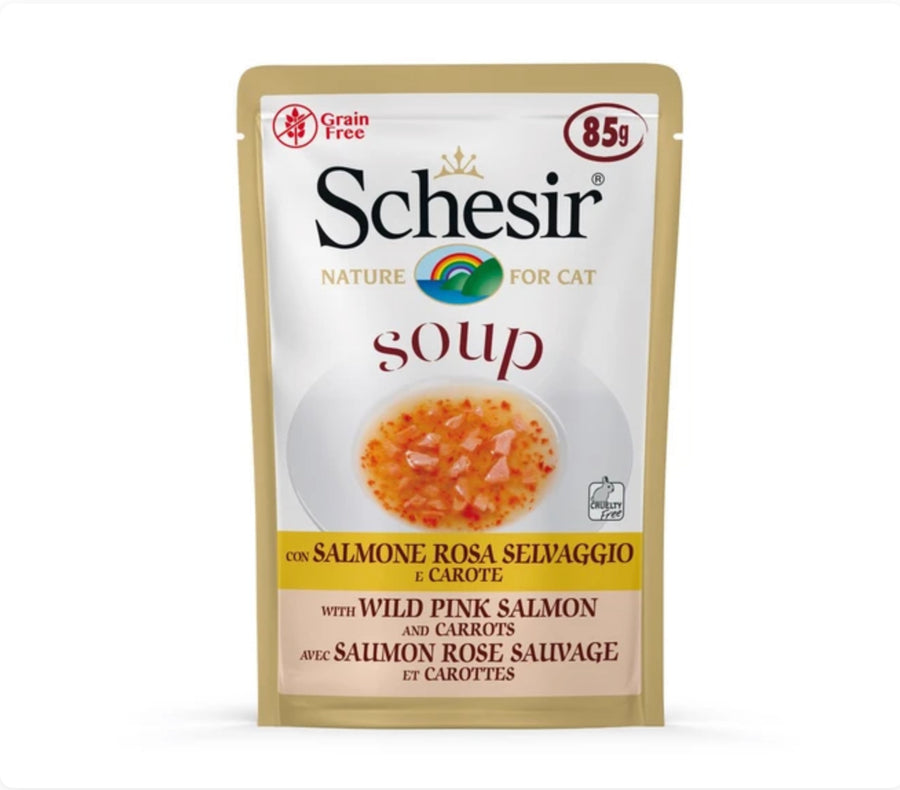 Schesir Soup With Wild Pink Salmon & Carrots Grain-Free Pouch Cat Food 85g X10