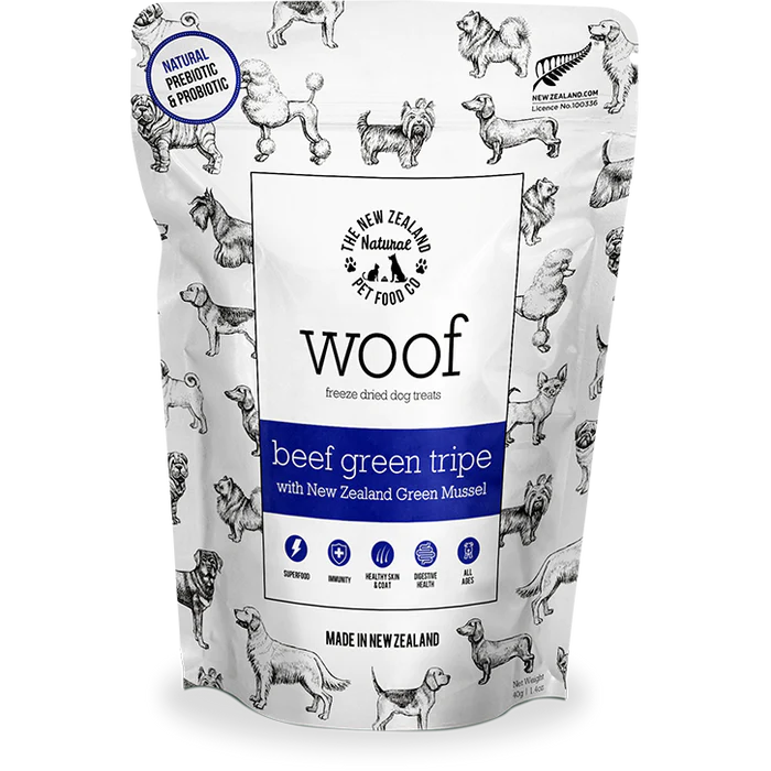 Woof Freeze-Dried Beef Green Tripe with NZ Green Mussel Dog Treat 40g X4