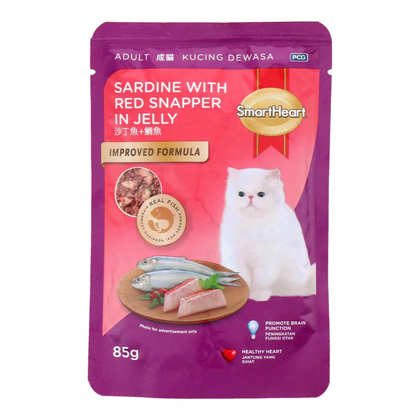SmartHeart Cat Pouch Sardine with Red Snapper in Jelly 85g X24