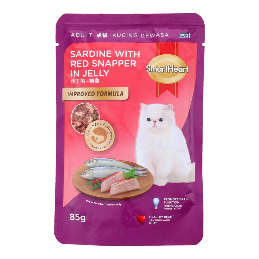 SmartHeart Cat Pouch Sardine with Red Snapper in Jelly 85g X24