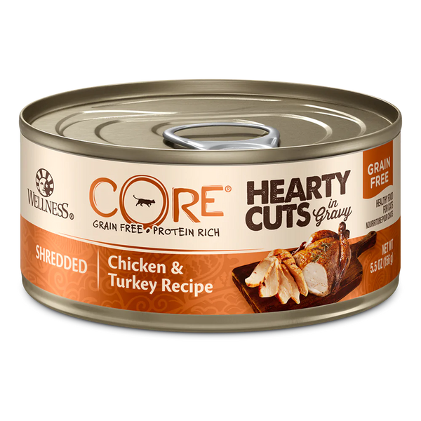 Wellness CORE Hearty Cuts in Gravy Shredded Chicken & Turkey Recipe Canned Cat Food 5.5oz X12 [DC]