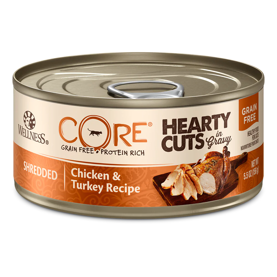 Wellness CORE Hearty Cuts in Gravy Shredded Chicken & Turkey Recipe Canned Cat Food 5.5oz X12 [DC]