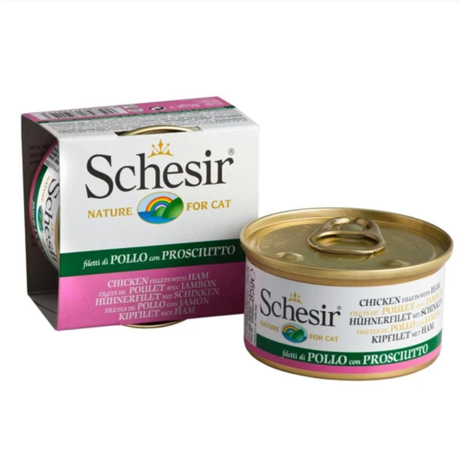 Schesir Chicken Fillet with Ham in Jelly Canned Cat Food 85g Schesir Chicken Fillet with Aloe in Jelly For Kittens Canned Cat Food 85g X14