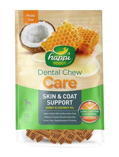 Happi Doggy Dental Chew Care Honey & Coconut Oil Skin & Coat Support 150g (2.5" Petite)