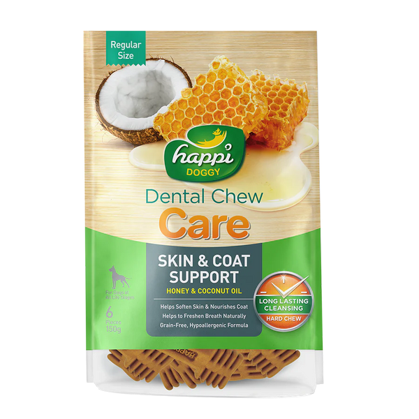 Happi Doggy Dental Chew Care Honey & Coconut Oil Skin & Coat Support 150g (4" Regular)