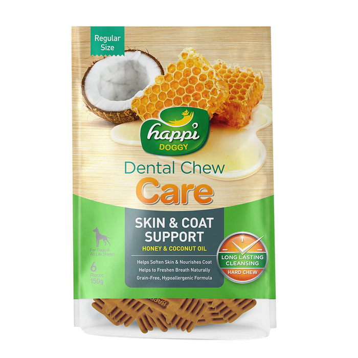Happi Doggy Dental Chew Care Honey & Coconut Oil Skin & Coat Support 150g (4" Regular)