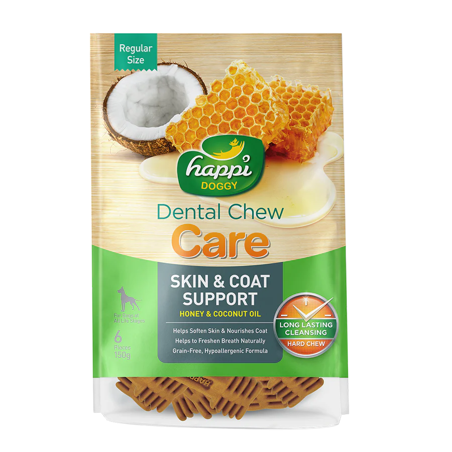 Happi Doggy Dental Chew Care Honey & Coconut Oil Skin & Coat Support 150g (4" Regular)