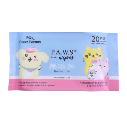For Furry Friends Pet's Activated Water Sanitizer (P.A.W.S) Travel Wipes 20 Sheets X20 Packs