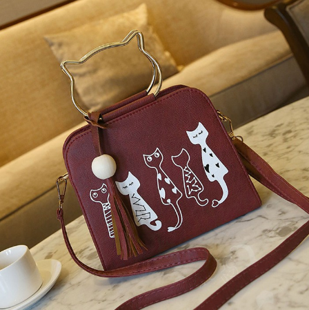 Women Leisure Sling Bag With Cartoon Cats Handbag (MAROON)