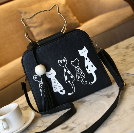 Women Leisure Sling Bag With Cartoon Cats Handbag (BLACK)