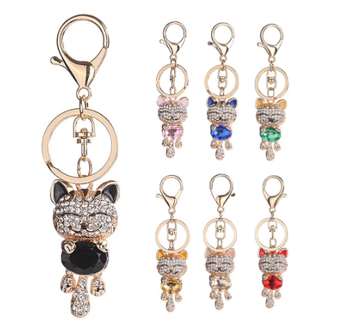 Colorful Lady Cat Fashion Keychain Rhinestone Crystal Animal Cute Kitten Gift