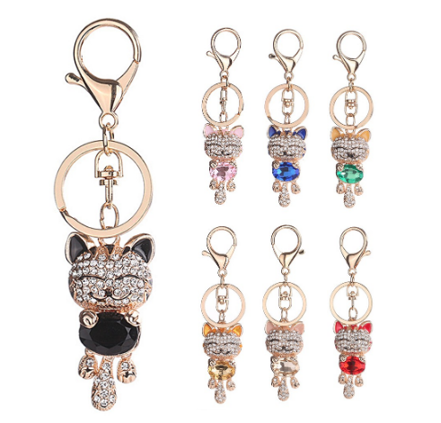 Colorful Lady Cat Fashion Keychain Rhinestone Crystal Animal Cute Kitten Gift