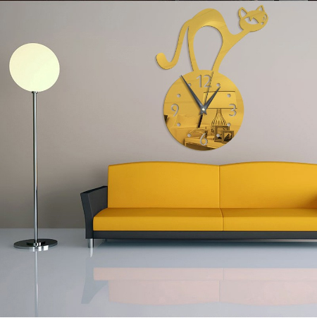 DIY Wall Clock 3D Cat Home Decor Acrylic Slient Needle Quart Clock - GOLDEN