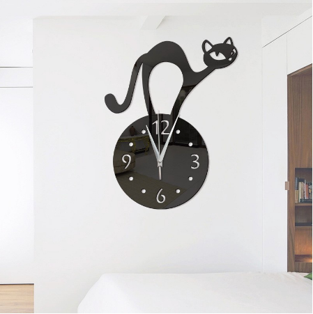 DIY Wall Clock 3D Cat Home Decor Acrylic Slient Needle Quart Clock - BLACK