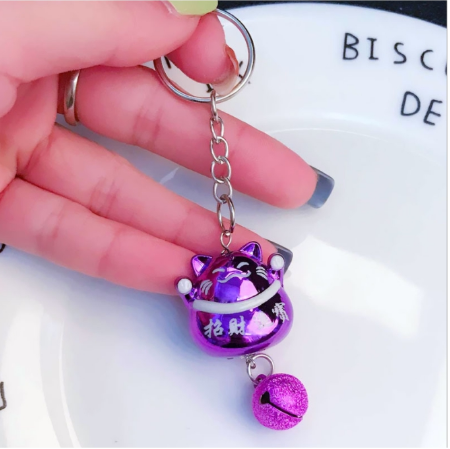 Cute Fortune Maneki Keychain with Bell - PURPLE