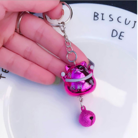 Cute Fortune Maneki Keychain with Bell - FUCHSIA