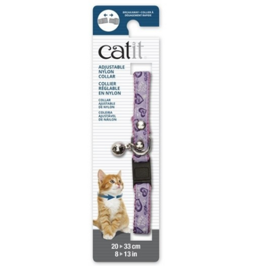 Catit Adjustable Breakaway Nylon Collar with Rivets - Pink with Purple Hearts