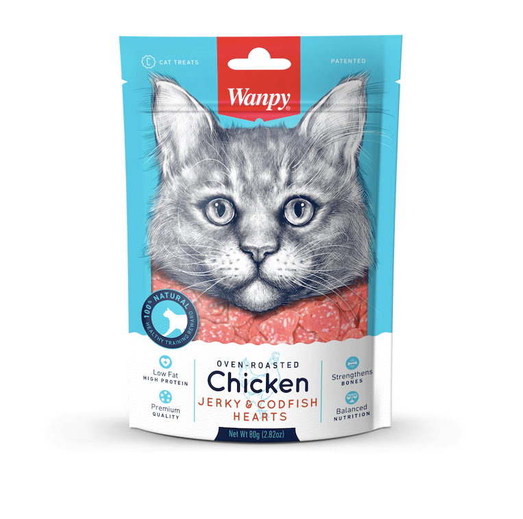 Wanpy Oven-Roasted Chicken Jerky & Codfish Hearts Cat Treats 80g X3